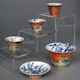 Cups high quality, Jingdezhen production, ca. 1790 (Jiaqing) period. Handpainted ducks in a pond. Flower decoration inside. Small cups: D6.5cm H4.5cm - bowl: D10cm H 7cm, cover: D9cm H3cm.