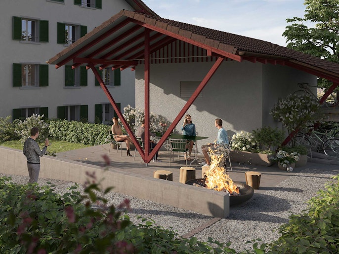 Ehemaliges Trafohaus: Grillieren im Freien und geschützt sitzen. Ehemaliges Trafohaus: Grillieren im Freien und geschützt sitzen.
