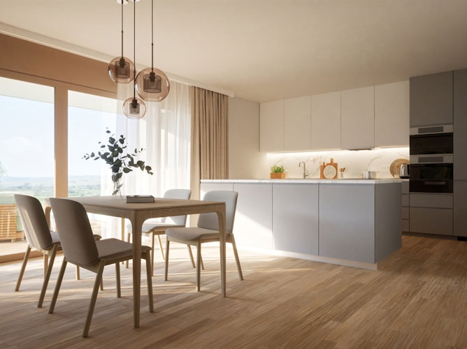 Zwischen den Bereichen Wohnen, Essen und Kochen gibt es keine trennenden Elemente. Zwischen den Bereichen Wohnen, Essen und Kochen gibt es keine trennenden Elemente.