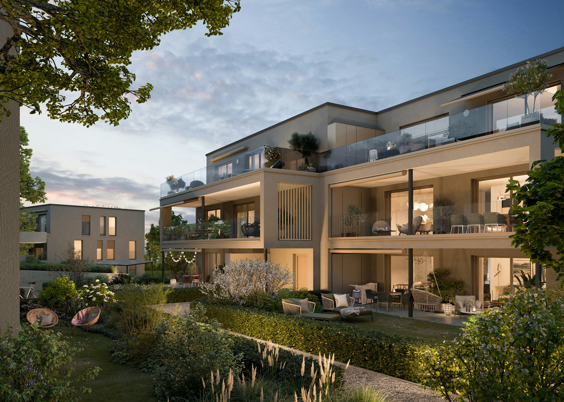 Wohngenuss zu jeder Tageszeit: Der Aussenraum – Haus B1 – ist ein Ort der Entspannung und Erholung.  Wohngenuss zu jeder Tageszeit: Der Aussenraum – Haus B1 – ist ein Ort der Entspannung und Erholung.