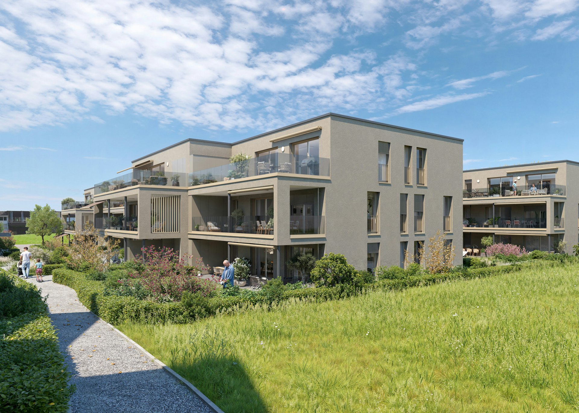 Ein Stück Glück, ganz für Sie. Ein Ort zum Ankommen, Entspannen und Geniessen – hier der Blick auf die Häuser C3 und C4. Ein Stück Glück, ganz für Sie. Ein Ort zum Ankommen, Entspannen und Geniessen – hier der Blick auf die Häuser C3 und C4.