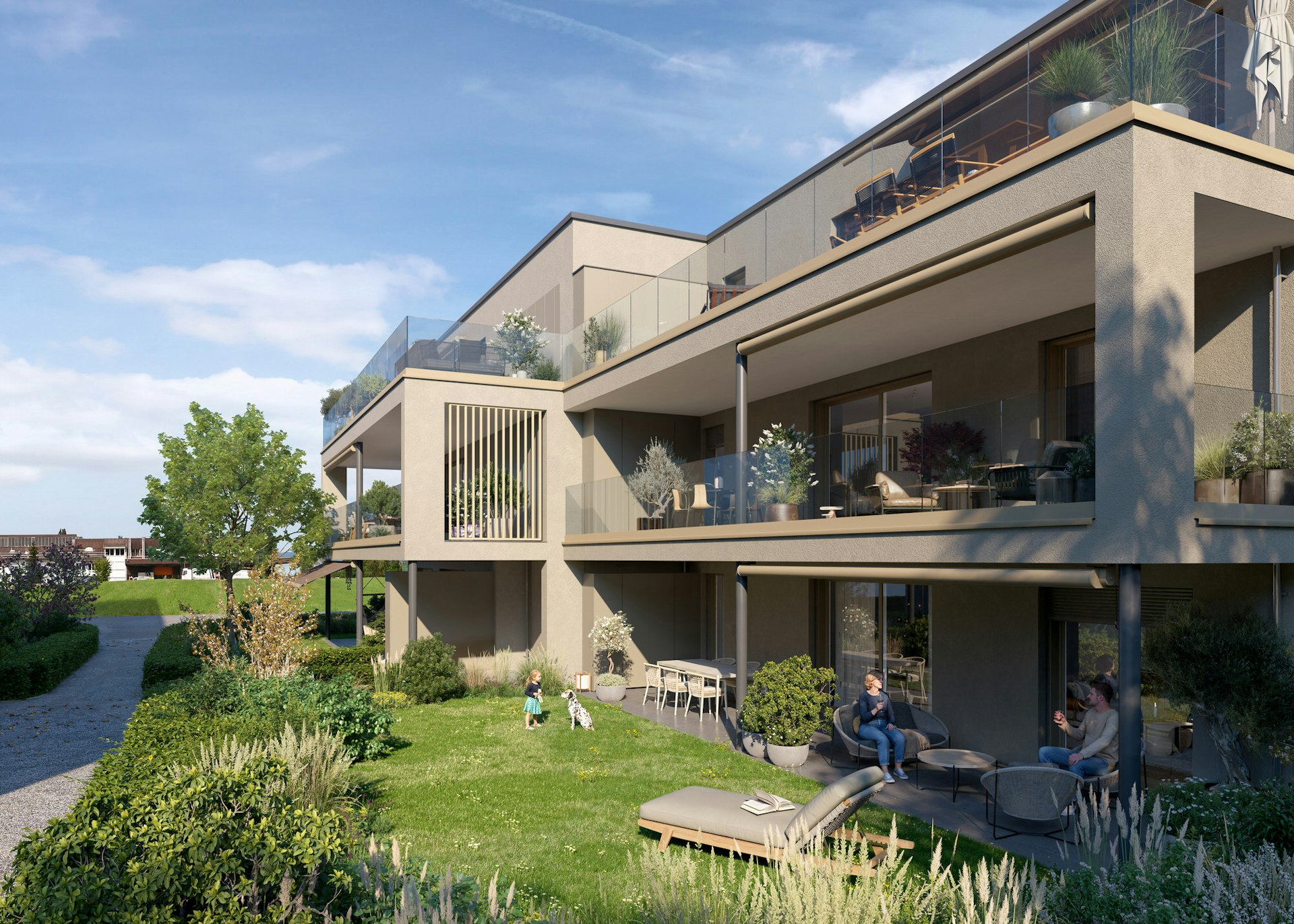 Wo der Alltag Pause macht. Die Wohnungen im Erdgeschoss – hier das Haus C2 – verfügen über private Gartenflächen. Wo der Alltag Pause macht. Die Wohnungen im Erdgeschoss – hier das Haus C2 – verfügen über private Gartenflächen.