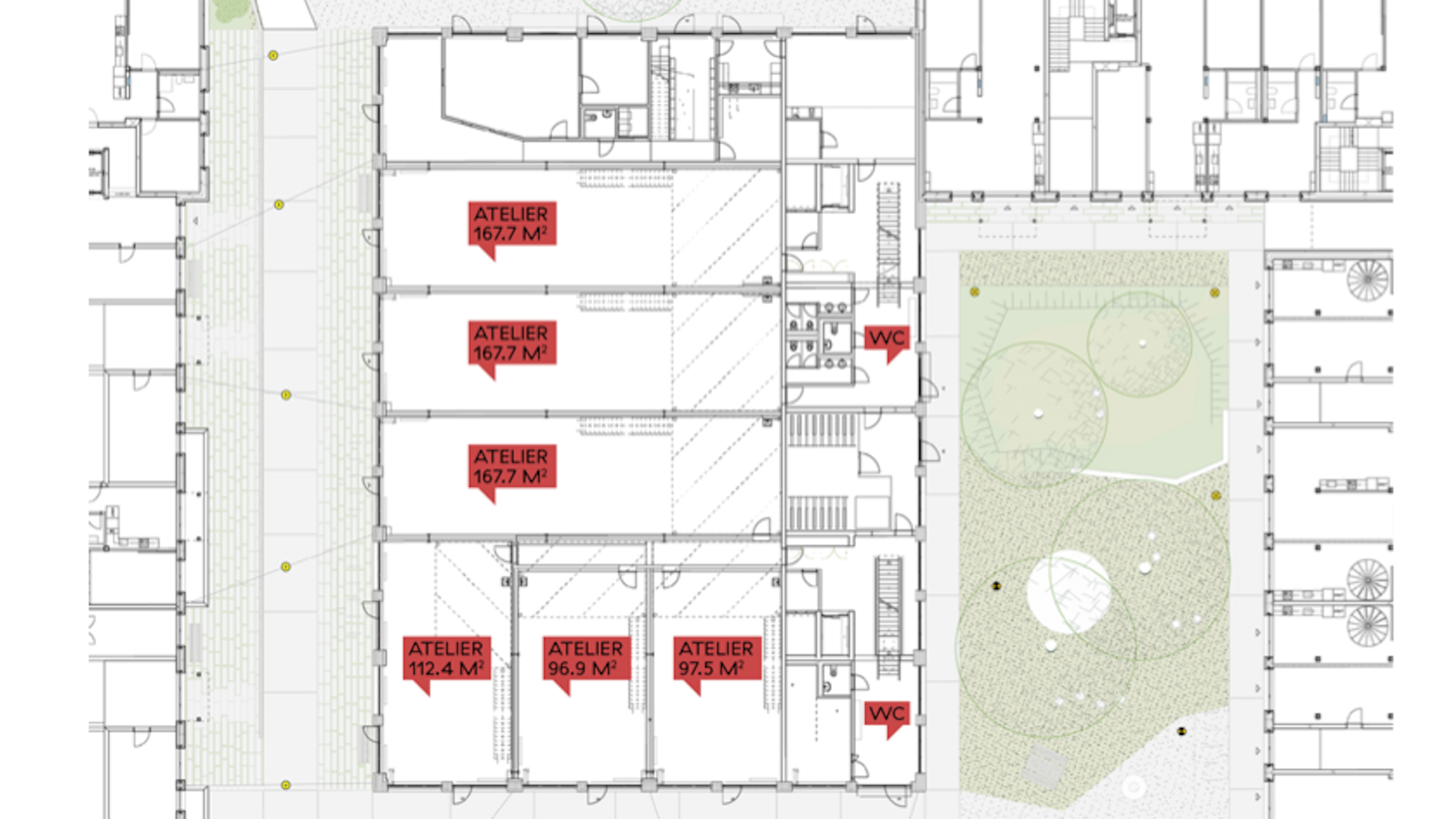 Diese 9-Meter-Ateliers gibts in der Halle. Diese 9-Meter-Ateliers gibts in der Halle.