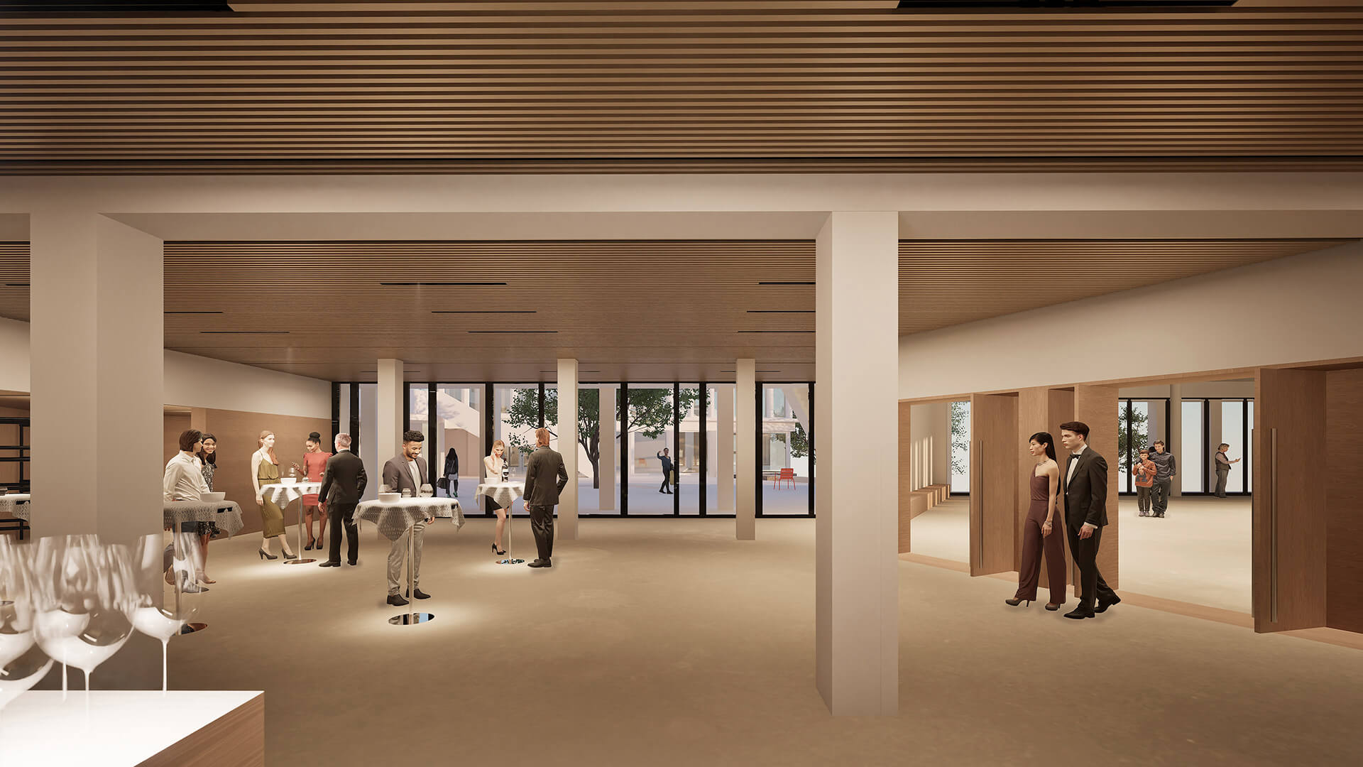 Das neue Foyer zum Gemeindesaal befindet sich dort, wo das heute leerstehende Restaurant «Güggel» war. Die Garderobe und die WC-Anlagen sind ebenfalls auf dieser Ebene angeordnet. Dem Foyer angeschlossen ist auch eine neue, verkleinerte und flexibel nutzbare Küche. (Alleineigentum)