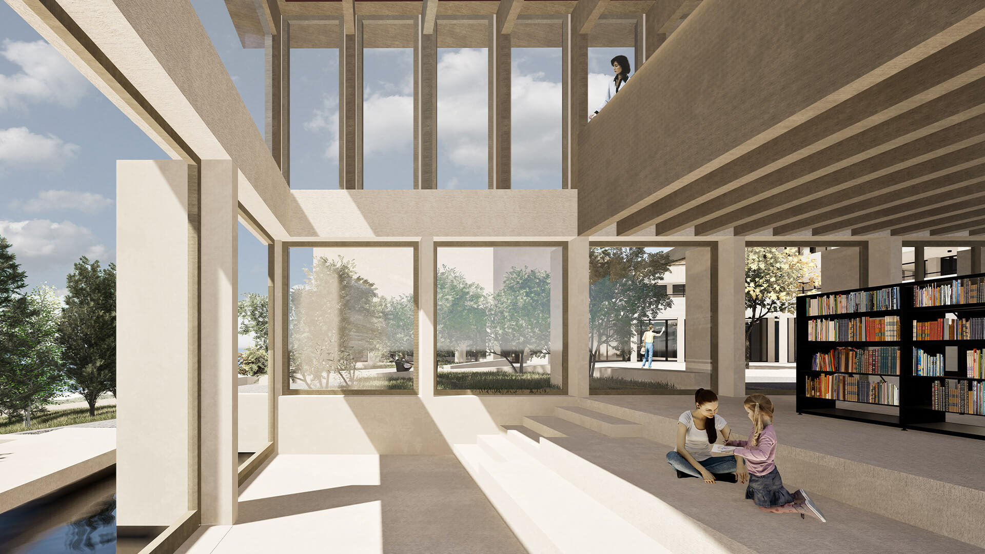 Die neue Gemeinde- und Schulbibliothek ist zweigeschossig. Gegenüber dem grünen Aussenraum am Chirchbüel öffnet sie sich mit einem Atrium, das zum Verweilen oder zu Lesungen einlädt. (Alleineigentum)