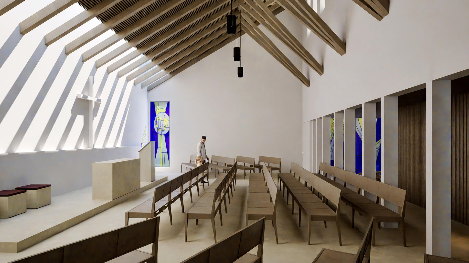 Die neue Lichtführung im Innern der Bruder Klaus-Kapelle erzeugt eine sakrale Stimmung. Der Altar liegt an der Längsseite. Die Empore wird zurückgebaut. (Alleineigentum)
