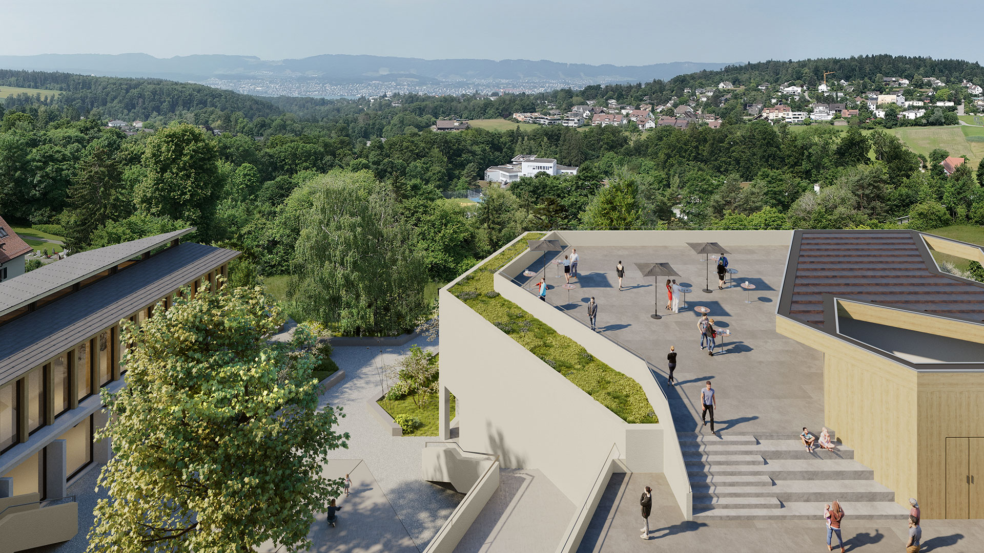 Auf dem Dach des Gemeindesaals entsteht ein attraktiver, aufgewerteter Aussen­raum mit Fernsicht, der mit der bestehenden Terrasse vor dem Cheminéeraum über eine Freitreppe und eine Rampe verbunden ist.