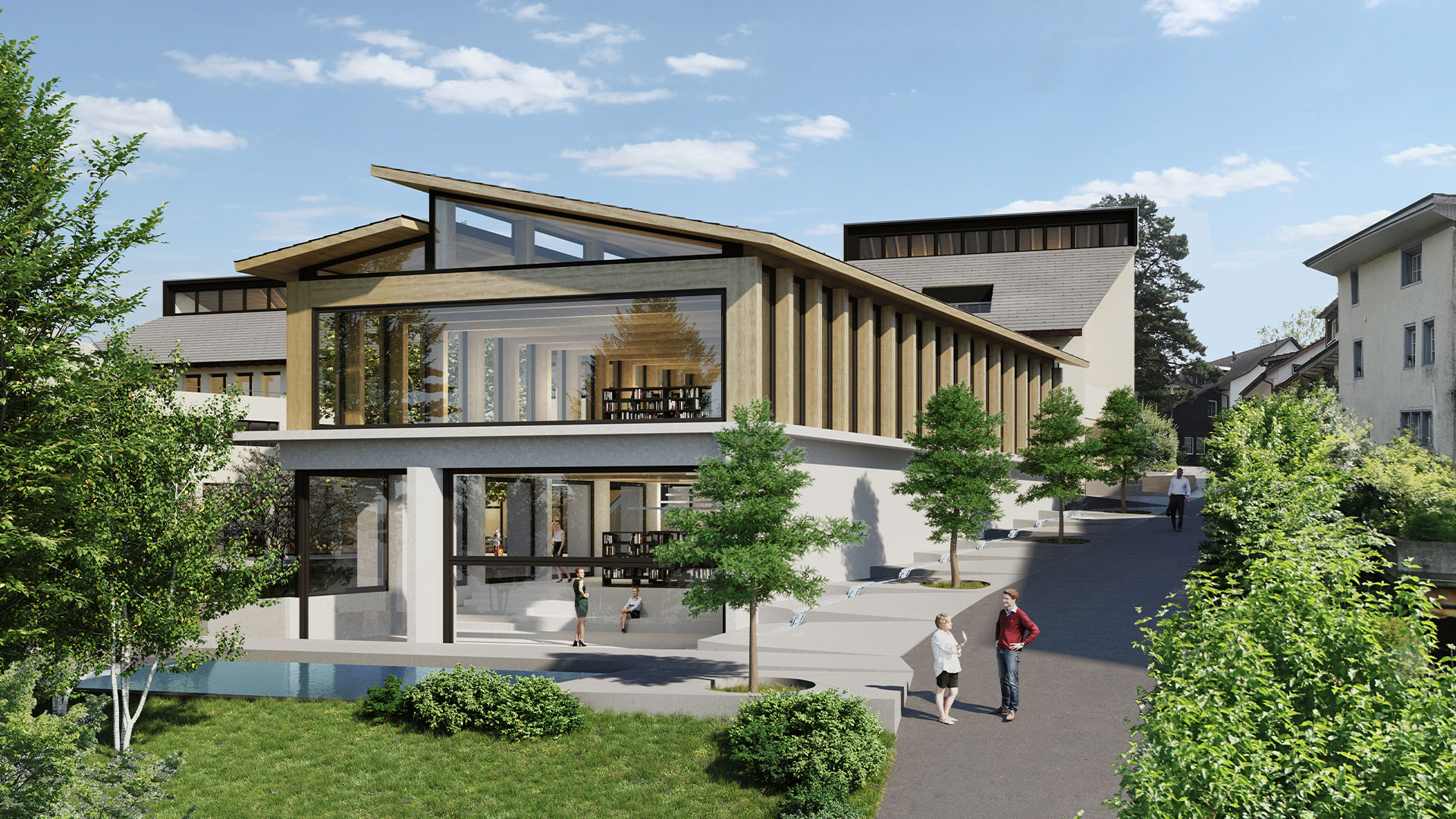 Der bisherige unpraktische Anbau mit Büros, Disco, Spielgruppenraum und Teilen der Werkstatt wird durch einen Neubau für die Bibliothek ersetzt. Der Neubau bildet das architektonische Bindeglied zwischen den Flarzhäusern am Chirchbüel und dem Bestandesbau des GZZ. (Hinweis: Der Aufbau auf dem Gebäude hinter der Bibliothek wird nach aktuellem Planungsstand nicht realisiert.)