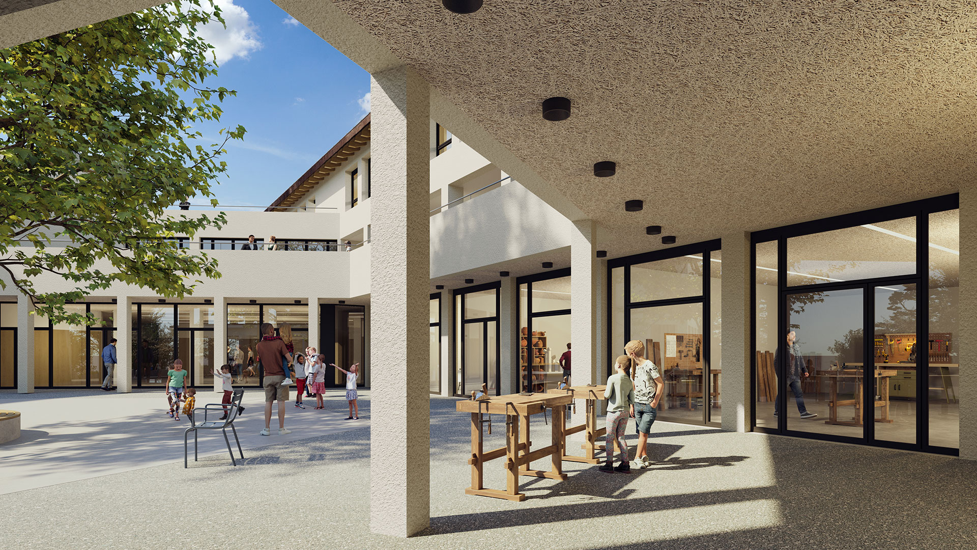 Die bestehenden Angebote des Freizeitzentrums (FZZ) werden am Güggelplatz zusammengefasst: Holzwerkstatt, Töpferei und ein Kursraum erhalten damit (mehr) Tageslicht. Der Aussenraum des Güggelplatzes kann vom FZZ mitbenutzt werden.