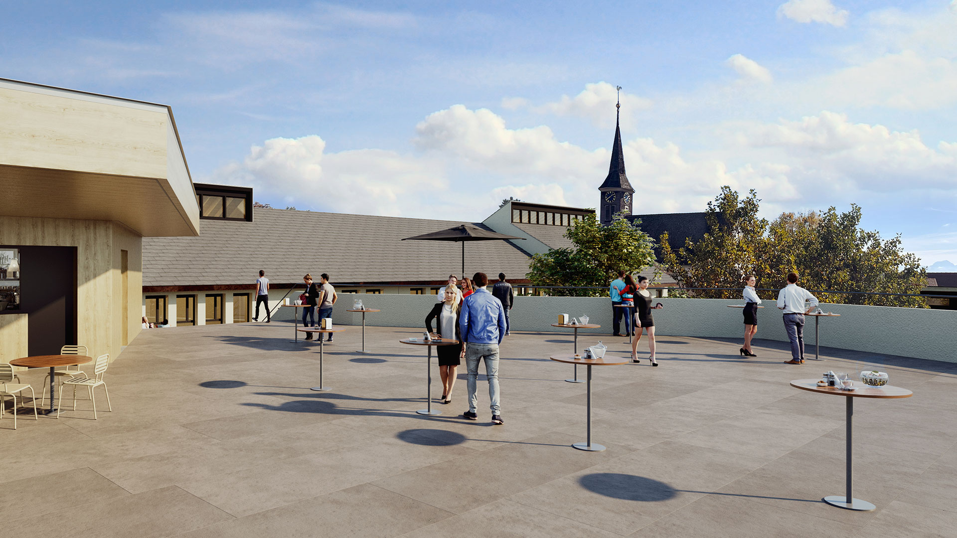 Die Terrasse vor dem Cheminéeraum wird saniert und über eine Rampe und eine Freitreppe erweitert. So entsteht auf dem Dach des Gemeindesaals ein attraktiver, aufgewerteter Aussenraum mit Fernsicht.